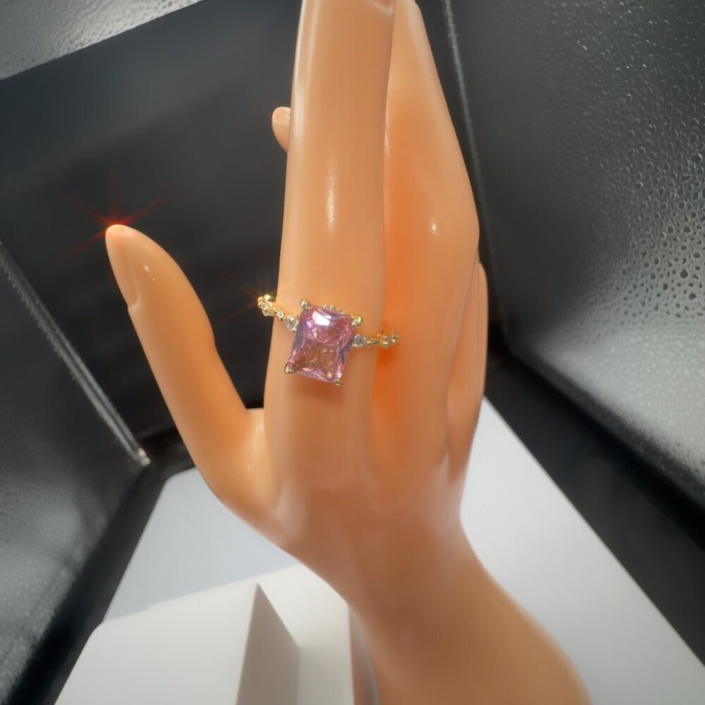 Princess Cut Pink CZ Ring Gold Plated Brass Size 7 - Picture 15 of 17